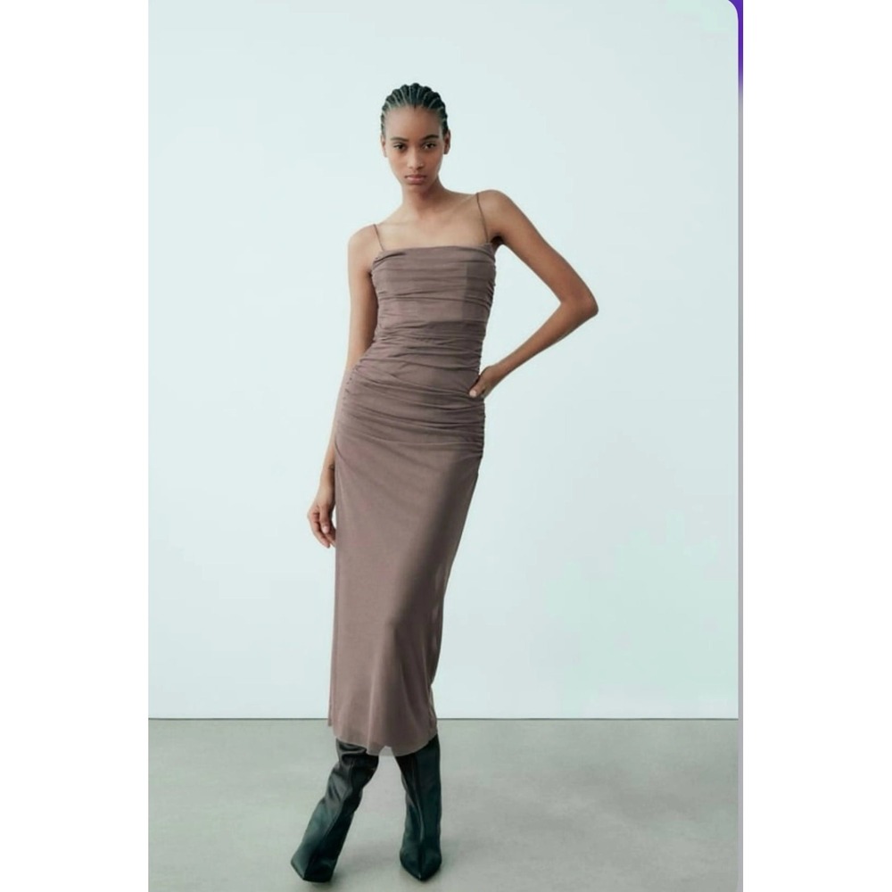 Zara Tulle Ruched Midi Dress Taupe Brown Spaghetti Strap Bodycon Small